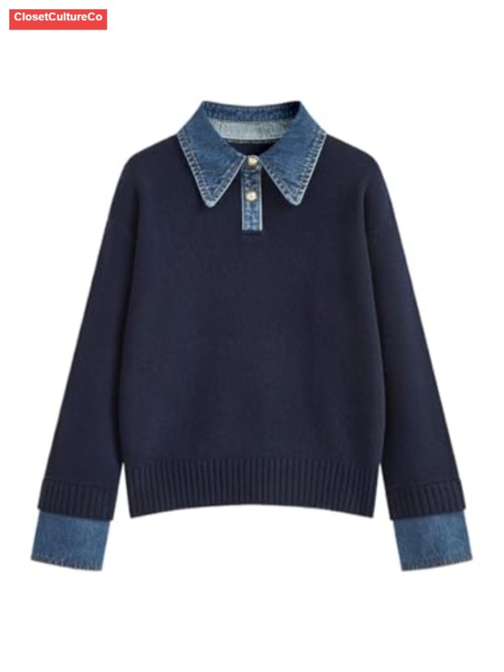 Oversized Polo Sweater Button Up Denim Collar Pullover Knit